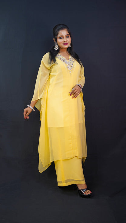 KAFTAN CO-ORD SET WITH MIRROR AND CRYSTAL EMBELLISHMENT ON THE NECK IN YELLOW COLOUR