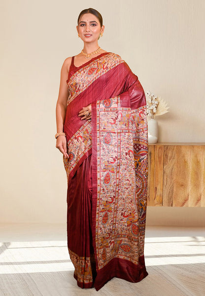 PURE BISHNUPURI GHICHA TUSSAR SILK IN MAROON COLOR INTRICATE MADHUBANI HAND PAINTED DESIGN