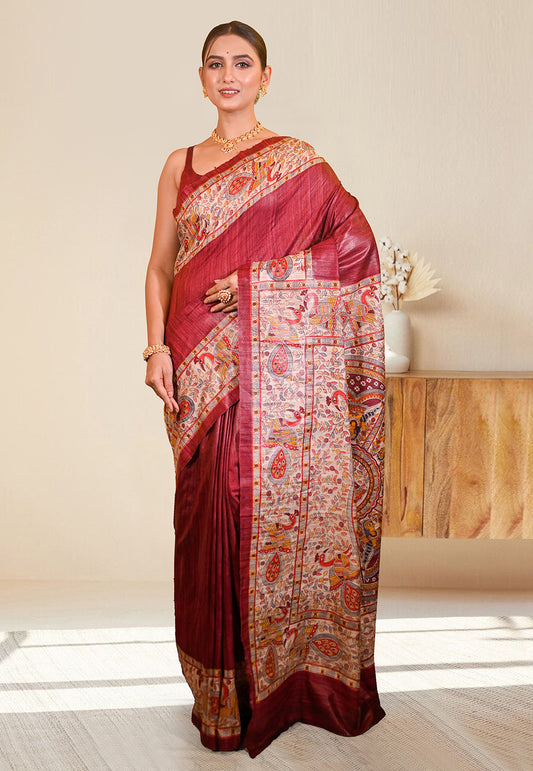 PURE BISHNUPURI GHICHA TUSSAR SILK IN MAROON COLOR INTRICATE MADHUBANI HAND PAINTED DESIGN