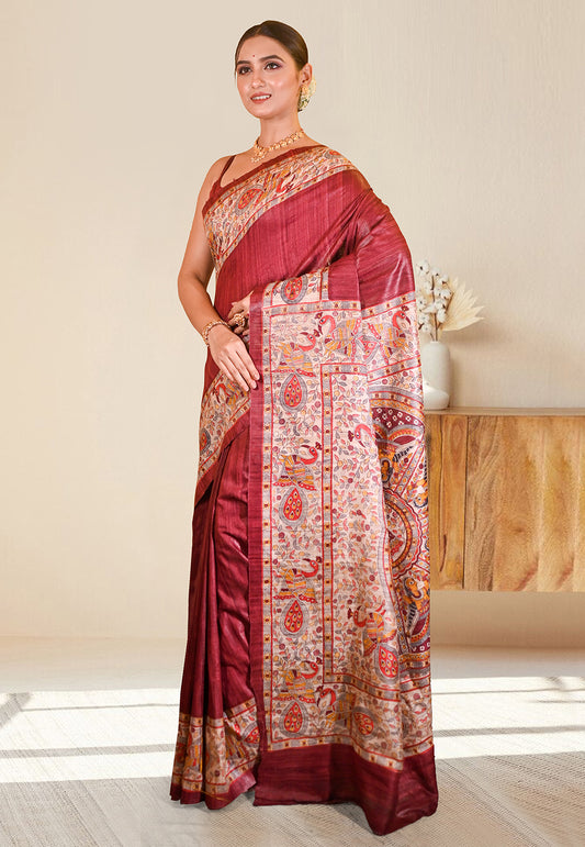 PURE BISHNUPURI GHICHA TUSSAR SILK IN MAROON COLOR INTRICATE MADHUBANI HAND PAINTED DESIGN