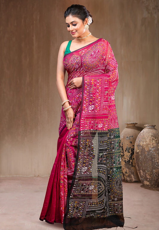 PINK AND BLACK BLENDED COTTON SAREE WITH WARLI MOTIFS