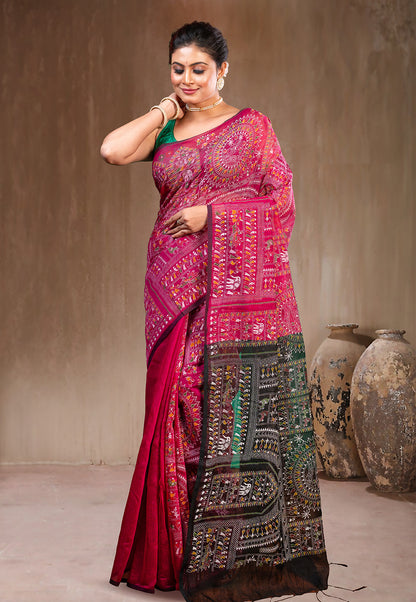 PINK AND BLACK BLENDED COTTON SAREE WITH WARLI MOTIFS