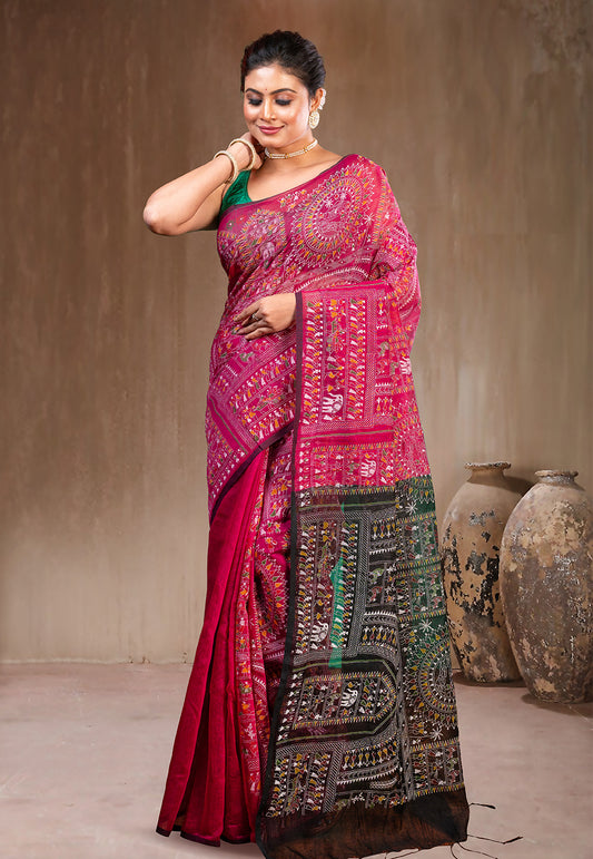 PINK AND BLACK BLENDED COTTON SAREE WITH WARLI MOTIFS