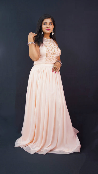 LEHENGA SET WITH HAND EMBELLISHED CONTEMPORARY BLOUSE IN LIGHT PEACH SHADE