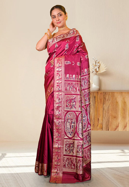 PURE HANDWOVEN BALUCHARI SILK SAREE IN MAGENTA COLOR WITH DUAL-COLOR MINAKARI RESHAM WEAVING