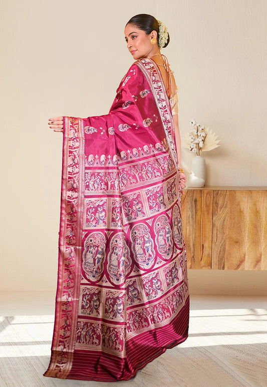 PURE HANDWOVEN BALUCHARI SILK SAREE IN MAGENTA COLOR WITH DUAL-COLOR MINAKARI RESHAM WEAVING