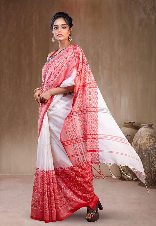 OFFWHITE BODY RED AND BLACK BORDER HANDWOVEN BEGAMPURI PURE COTTON SAREE