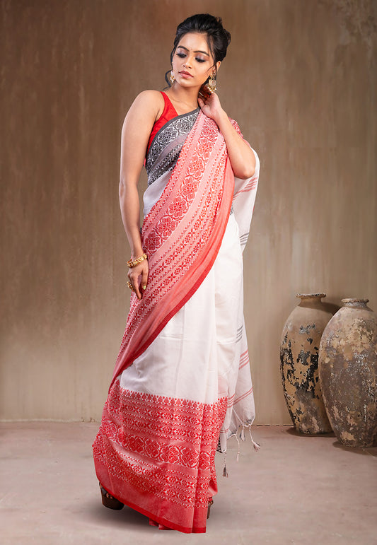 OFFWHITE BODY RED AND BLACK BORDER HANDWOVEN BEGAMPURI PURE COTTON SAREE