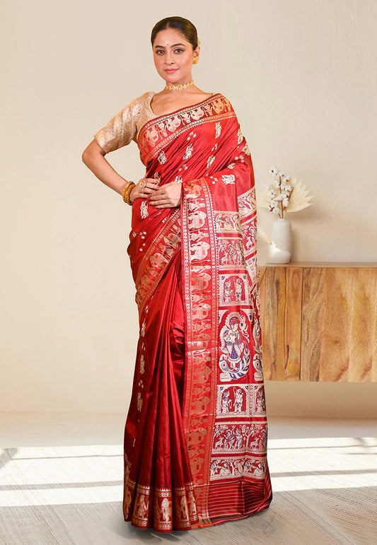 PURE HANDWOVEN BALUCHARI SILK SAREE IN RED COLOR WITH DUAL-COLOR MINAKARI RESHAM WEAVING