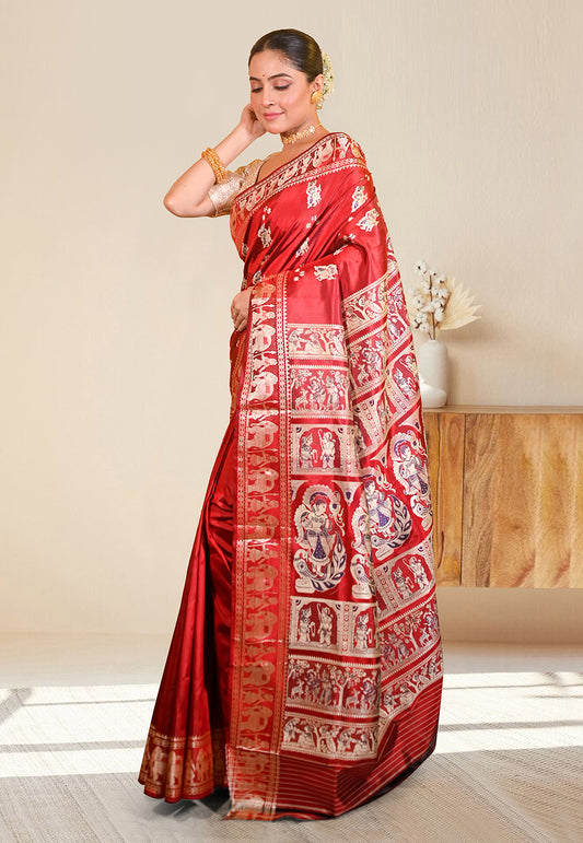 PURE HANDWOVEN BALUCHARI SILK SAREE IN RED COLOR WITH DUAL-COLOR MINAKARI RESHAM WEAVING