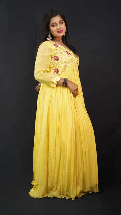 PLEATED GOWN IN NAIRA CUT WITH EMBROIDERED FRONT IN YELLOW SHADE