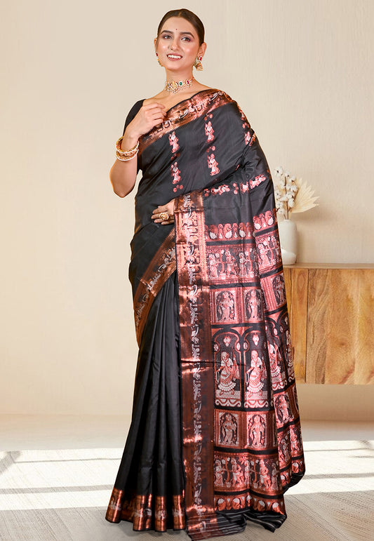 PURE HANDWOVEN SWARNACHARI SILK SAREE IN BLACK COLOR WITH DUAL-COLOR MINAKARI ZARI WEAVING