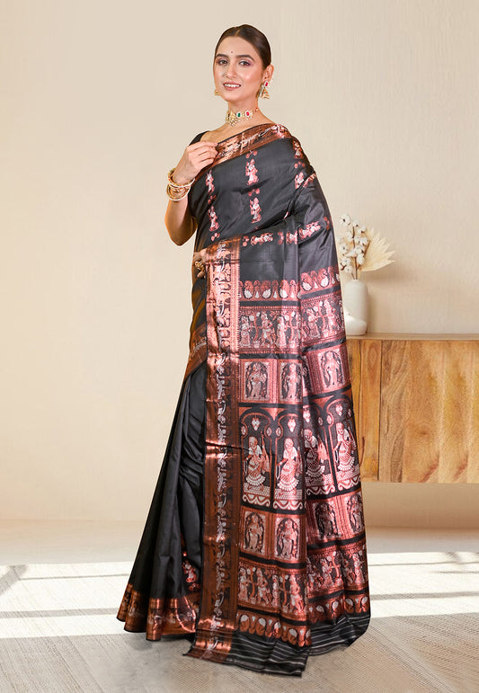 PURE HANDWOVEN SWARNACHARI SILK SAREE IN BLACK COLOR WITH DUAL-COLOR MINAKARI ZARI WEAVING