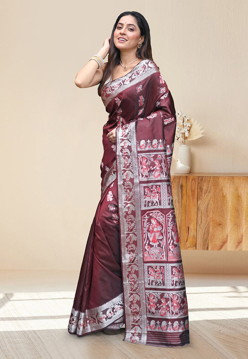 PURE HANDWOVEN BALUCHARI SILK SAREE IN ROSE GOLD COLOR WITH DUAL-COLOR MINAKARI RESHAM WEAVING