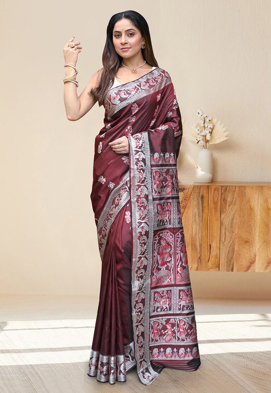 PURE HANDWOVEN BALUCHARI SILK SAREE IN ROSE GOLD COLOR WITH DUAL-COLOR MINAKARI RESHAM WEAVING
