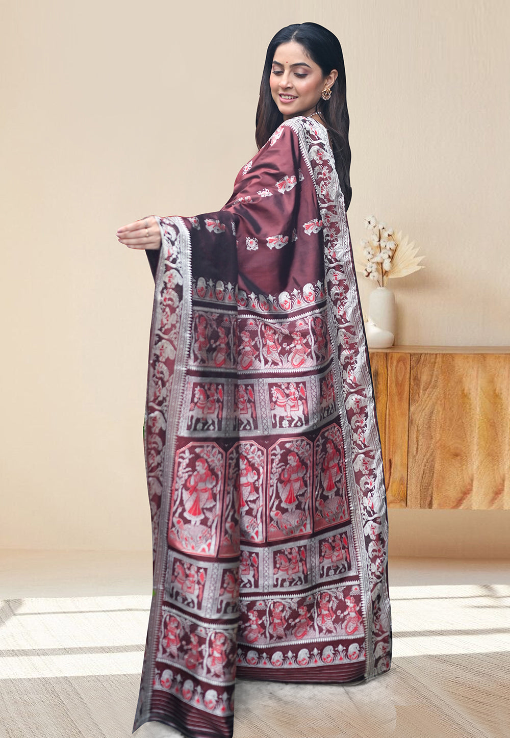 PURE HANDWOVEN BALUCHARI SILK SAREE IN ROSE GOLD COLOR WITH DUAL-COLOR MINAKARI RESHAM WEAVING
