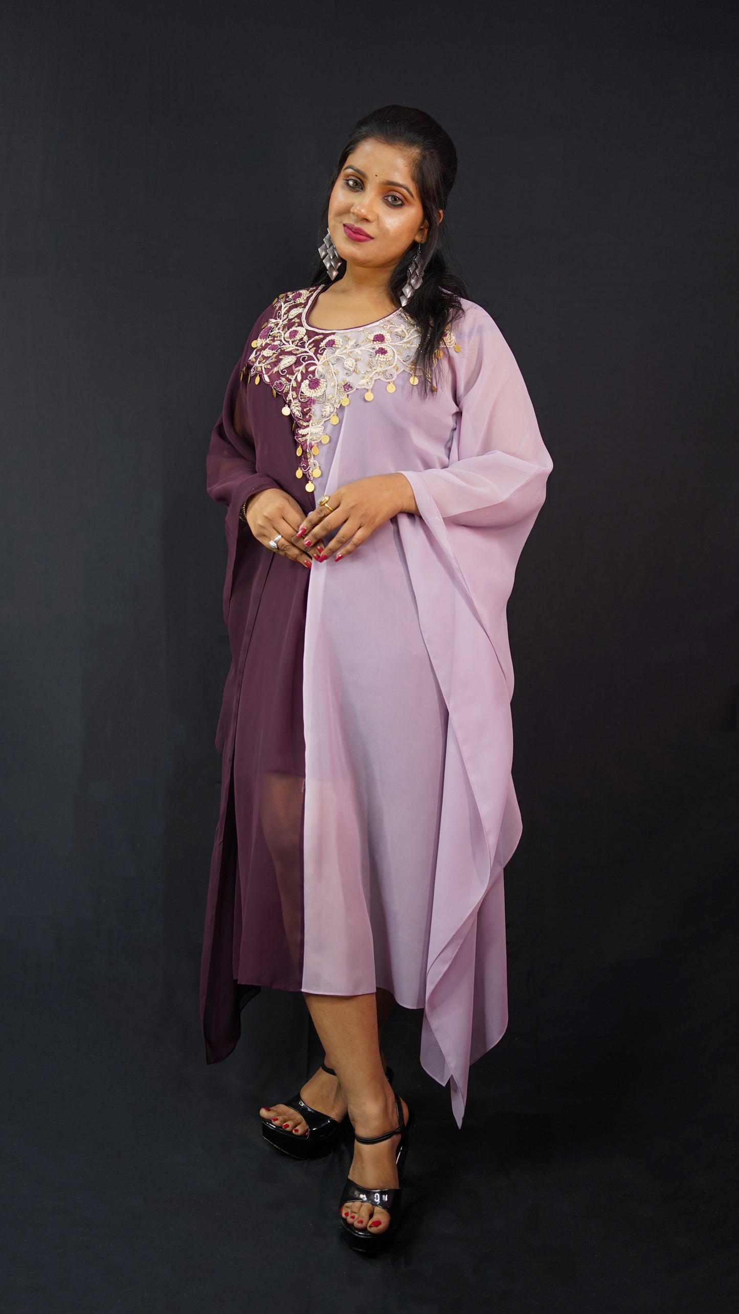 DUAL SHADED KAFTAN DRESS WITH EMBELLISHED FRONT