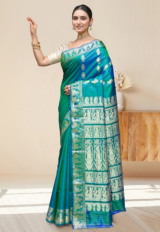 PURE HANDWOVEN BALUCHARI SILK SAREE IN GREEN DUAL TONED COLOR WITH TRADITIONAL RESHAM WEAVING