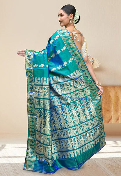 PURE HANDWOVEN BALUCHARI SILK SAREE IN GREEN DUAL TONED COLOR WITH TRADITIONAL RESHAM WEAVING