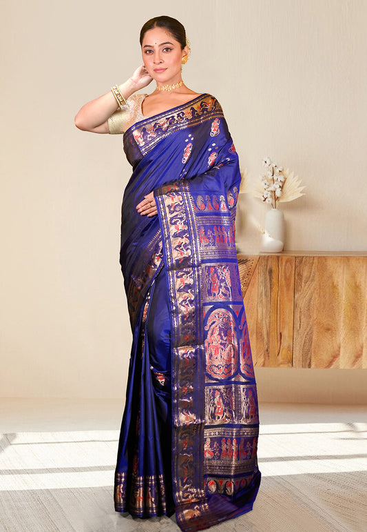 PURE HANDWOVEN SWARNACHARI SILK SAREE IN BLUE COLOR WITH DUAL-COLOR MINAKARI ZARI WEAVING