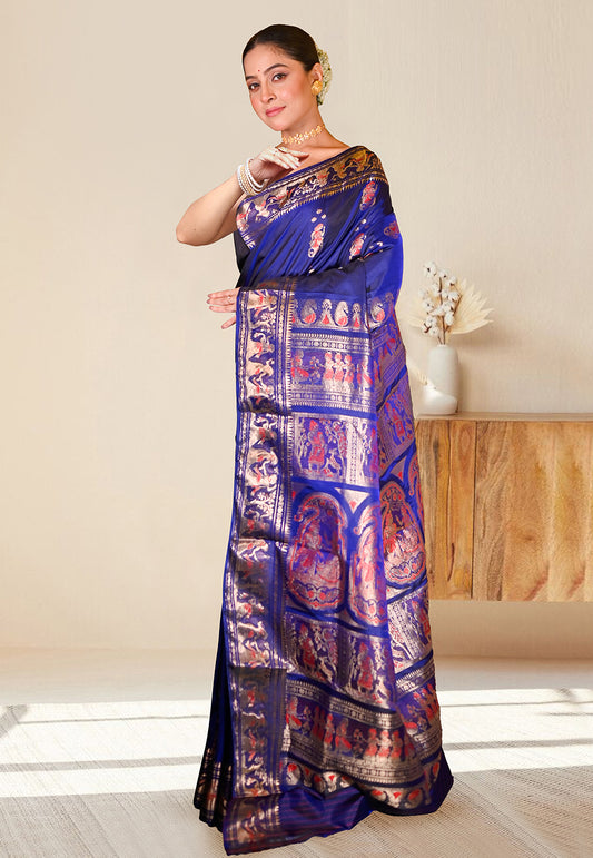 PURE HANDWOVEN SWARNACHARI SILK SAREE IN BLUE COLOR WITH DUAL-COLOR MINAKARI ZARI WEAVING
