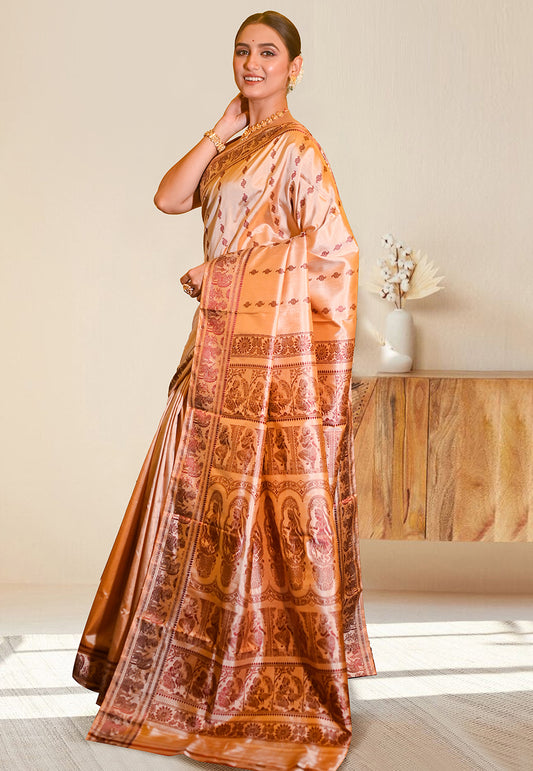 PURE HANDWOVEN BALUCHARI SILK SAREE IN BEIGE COLOR WITH TRADITIONAL RESHAM WEAVING