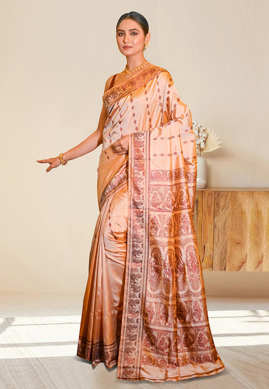 PURE HANDWOVEN BALUCHARI SILK SAREE IN BEIGE COLOR WITH TRADITIONAL RESHAM WEAVING