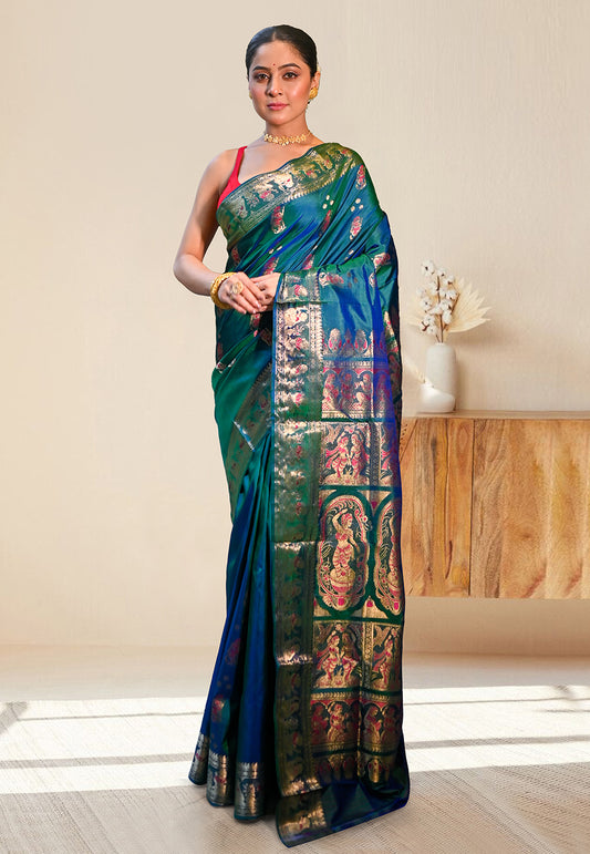 PURE HANDWOVEN SWARNACHARI SILK SAREE IN BLUE DUAL TONE COLOR WITH  EXQUISITE ZARI MINAKARI WORK IN DUAL COLOR