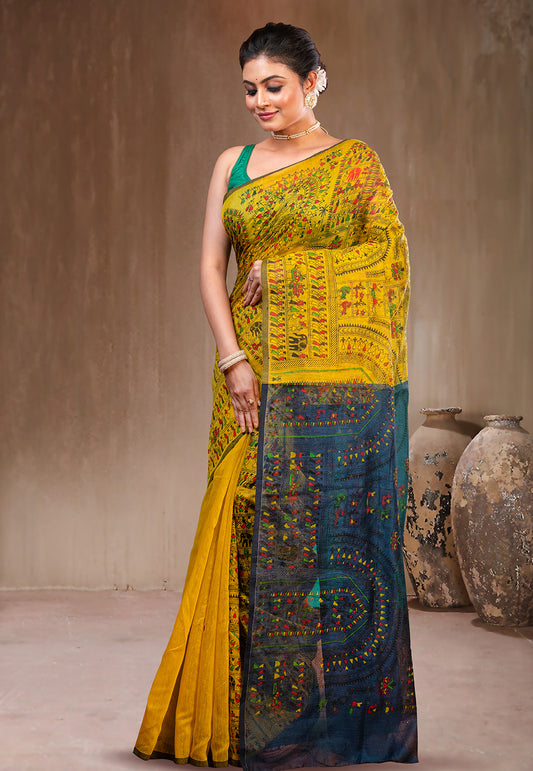 YELLOW AND GREY BLENDED COTTON SAREE WITH WARLI MOTIFS