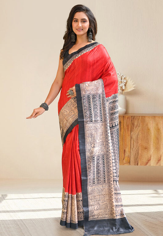 PURE BISHNUPURI GHICHA TUSSAR SILK IN RED AND BLACK COLOR INTRICATE MADHUBANI HAND PAINTED DESIGN