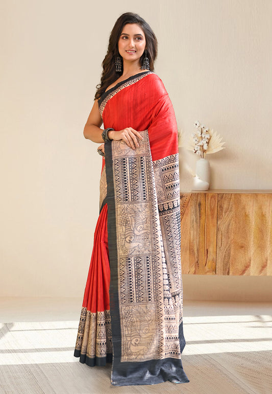 PURE BISHNUPURI GHICHA TUSSAR SILK IN RED AND BLACK COLOR INTRICATE MADHUBANI HAND PAINTED DESIGN