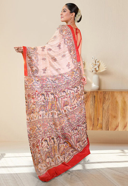 PURE BISHNUPURI GHICHA TUSSAR SILK IN BEIGE COLOR INTRICATE MADHUBANI HAND PAINTED DESIGN