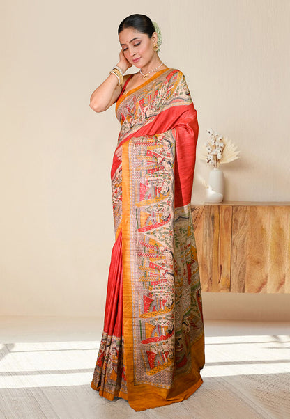 PURE BISHNUPURI GHICHA TUSSAR SILK IN RED COLOR INTRICATE MADHUBANI HAND PAINTED DESIGN