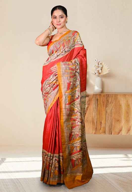 PURE BISHNUPURI GHICHA TUSSAR SILK IN RED COLOR INTRICATE MADHUBANI HAND PAINTED DESIGN