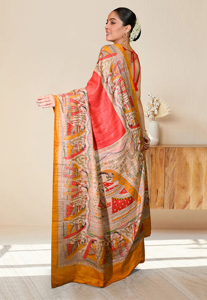 PURE BISHNUPURI GHICHA TUSSAR SILK IN RED COLOR INTRICATE MADHUBANI HAND PAINTED DESIGN