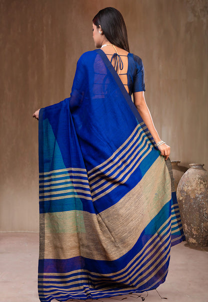 BLUE HANDLOOM COTTON SAREE WITH GHEECHA PALLU