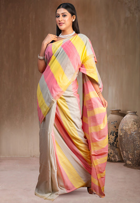 MULTICOLOR STRIPE HANDLOOM COTTON SAREE