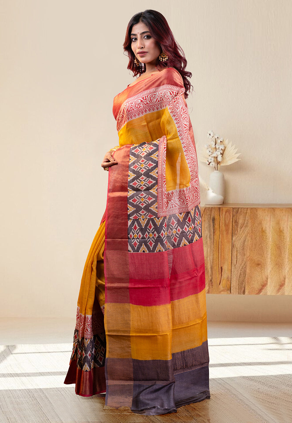 PURE HANDWOVEN TUSSAR SILK SAREE IN YELLOW COLOR WITH MULTICOLOR HANDPAINTED MOTIFS AND RED BORDER