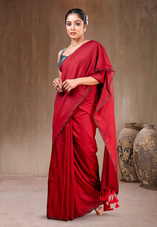 RED HANDLOOM COTTON SAREE WITH TASSEL PALLU