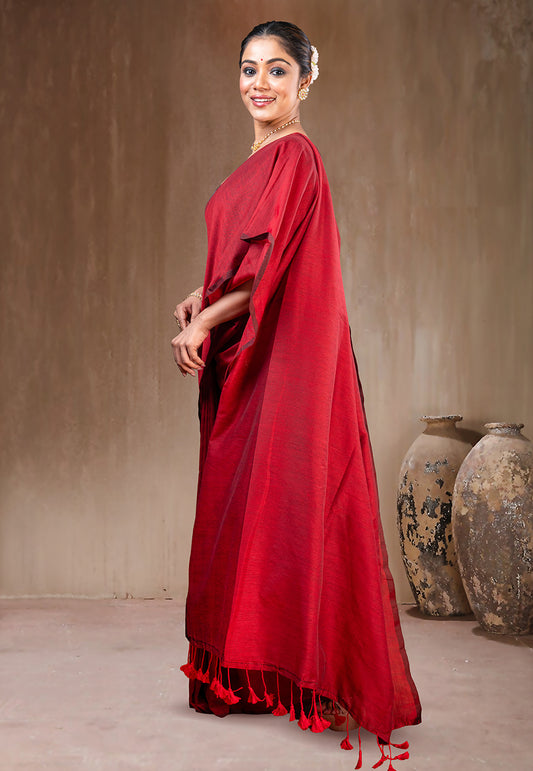 RED HANDLOOM COTTON SAREE WITH TASSEL PALLU