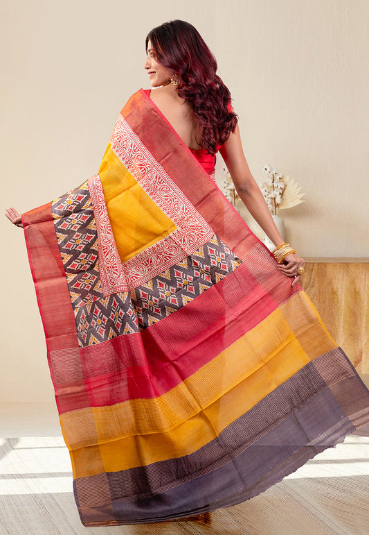 PURE HANDWOVEN TUSSAR SILK SAREE IN YELLOW COLOR WITH MULTICOLOR HANDPAINTED MOTIFS AND RED BORDER