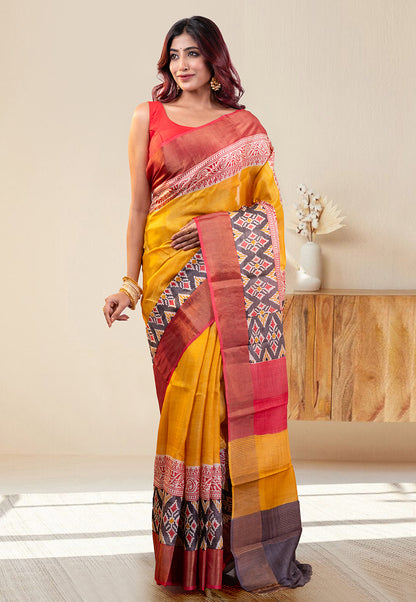 PURE HANDWOVEN TUSSAR SILK SAREE IN YELLOW COLOR WITH MULTICOLOR HANDPAINTED MOTIFS AND RED BORDER