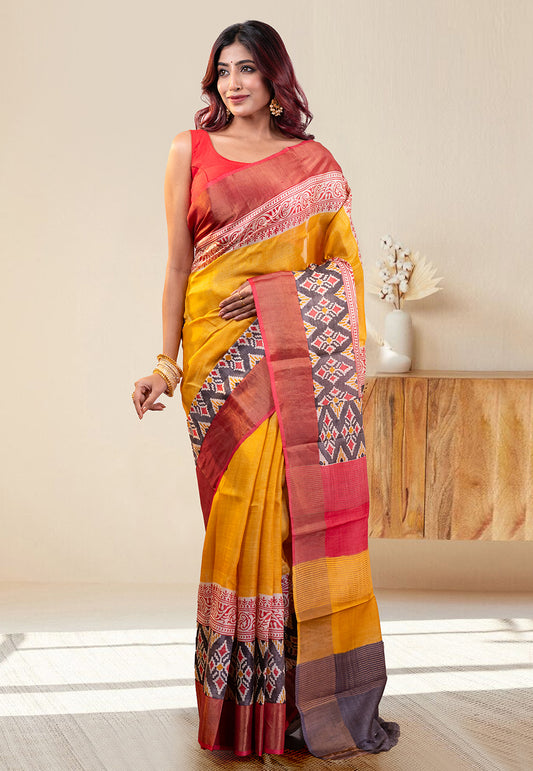 PURE HANDWOVEN TUSSAR SILK SAREE IN YELLOW COLOR WITH MULTICOLOR HANDPAINTED MOTIFS AND RED BORDER