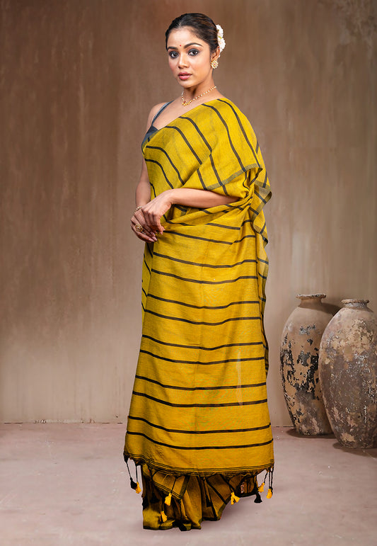YELLOW HANDLOOM COTTON SAREE WITH BLACK STRIPE AND TASSEL PALLU