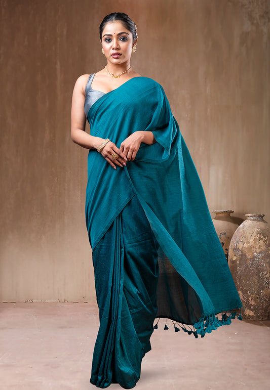 TEAL GREEN HANDLOOM COTTON SAREE WITH TASSEL PALLU