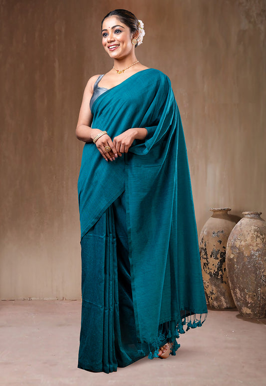 TEAL GREEN HANDLOOM COTTON SAREE WITH TASSEL PALLU