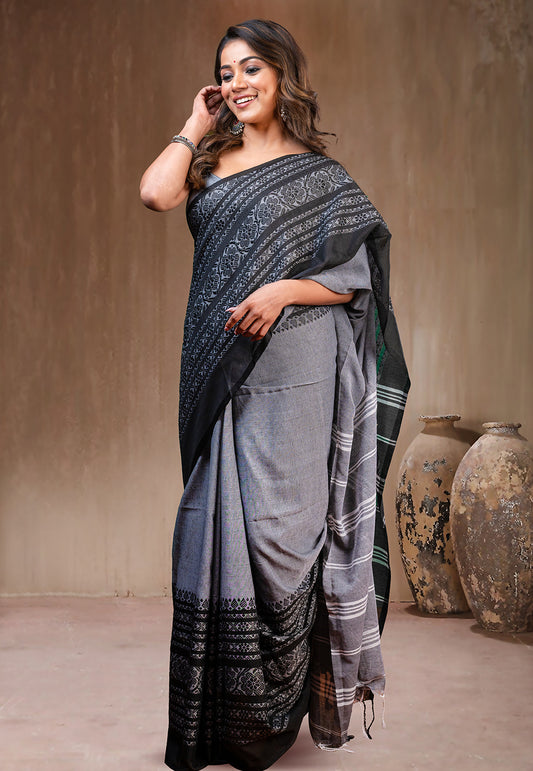 GREY AND BLACK  HANDWOVEN BEGAMPURI SAREE