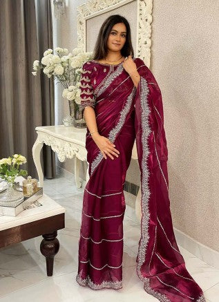 JIMMY CHOO SAREE IN MAGENTA COLOR WITH SILVER SEQUIN EMBROIDERY Including Ready To Wear Blouse