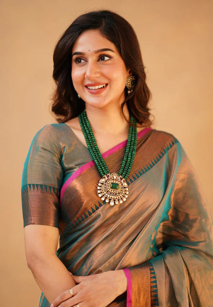 GREY TISSUE SILK SAREE WITH COPPER BROWN ZARI BORDER AND VIBRANT PINK PIPING