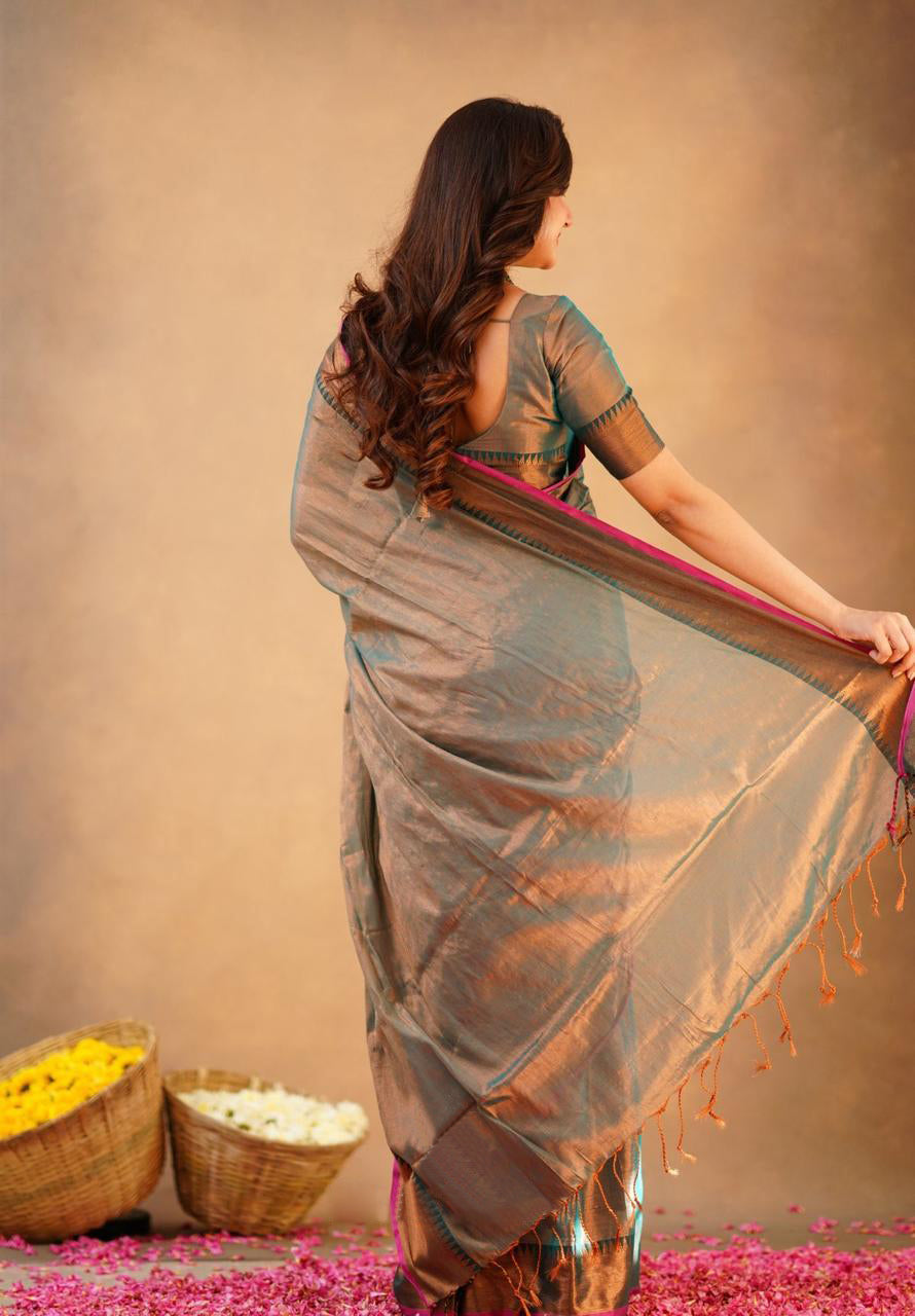 GREY TISSUE SILK SAREE WITH COPPER BROWN ZARI BORDER AND VIBRANT PINK PIPING